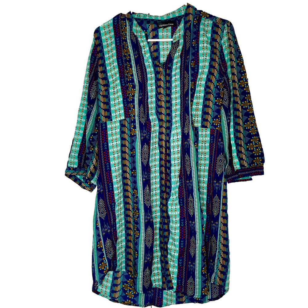 NWT Fashion Fuse 1X Plus Size Tribal Geometric Aztec Tunic Shirtdress Navy Teal